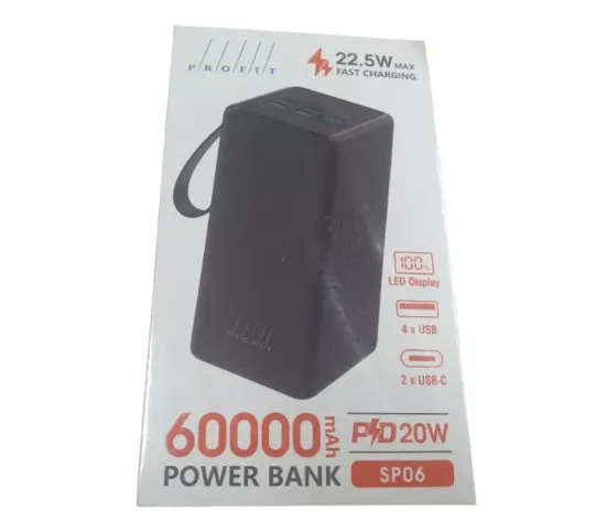 Зовнішні батареї Profit 60000mAh 22.5W + PD20W LED SP06 Black