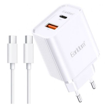Зарядка 220V Earldom EU37 QC3.0/USB/Type-C + C-C Cable White