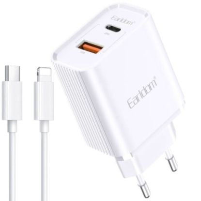 Зарядка 220V Earldom EU37 QC3.0/USB/Type-C + C-Lightning Cable White