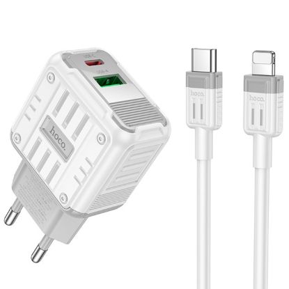 Зарядка 220V HOCO C135A PD20W/QC3.0/1xUSB/1xType-C + Type-C to Lightning Cable White