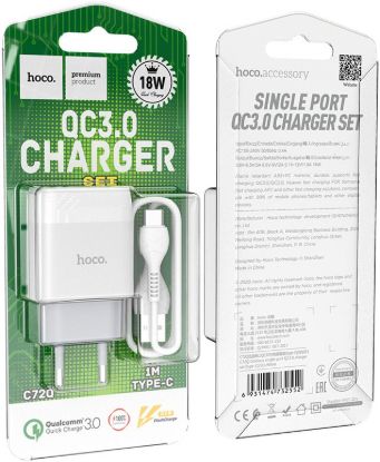 Зарядка 220V HOCO C72Q 18W 1USB QC3.0 + microUSB Cable White