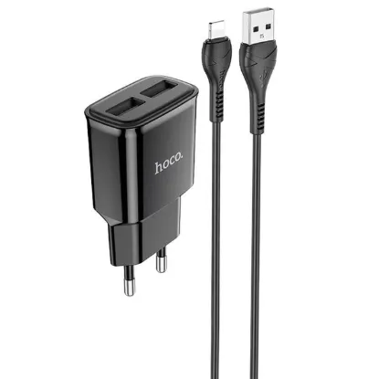 Зарядка 220V HOCO C88A 2.4A 2USB + Lightning Cable Black