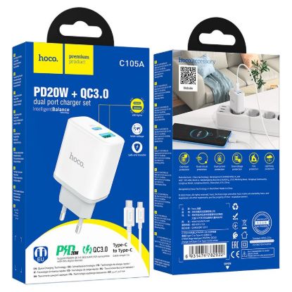 Зарядка 220V HOCO C105A PD20W/QC3.0/1xUSB/1xType-C White