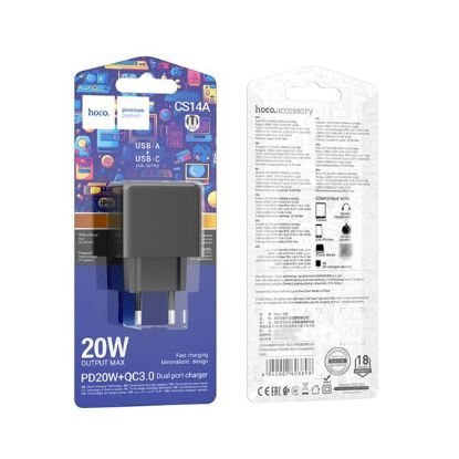 Зарядка 220V HOCO CS14A PD20W/QC3.0/1xUSB/1xType-C Black