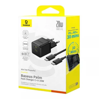 Зарядка 220V Baseus Palm Fast Charger C+U 20W Cable USB-C to USB-C 60W Black