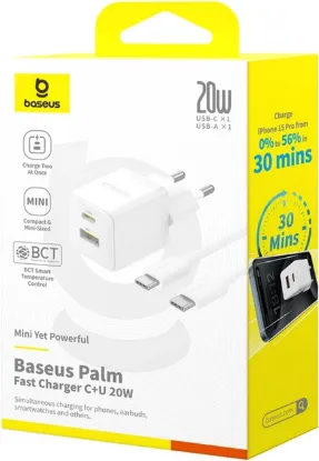 Зарядка 220V Baseus Palm Fast Charger C+U 20W Cable USB-C to USB-C 60W White