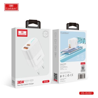 Зарядка 220V Earldom EU32 38W QC3.0/USB/Type-C + C-C Cable White