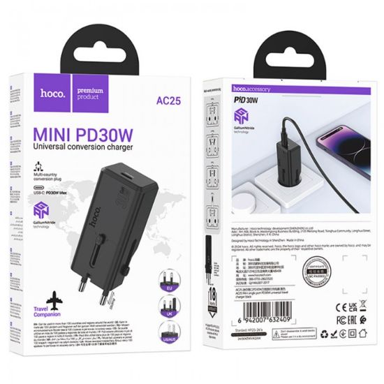 Зарядка 220V HOCO AC25 Mini PD30W USB-C Black