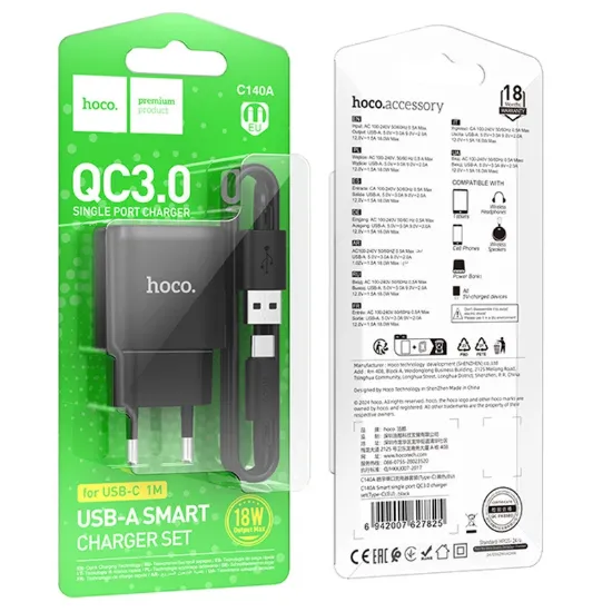 Зарядка 220V HOCO C140A 18W/QC3.0/1xUSB Black