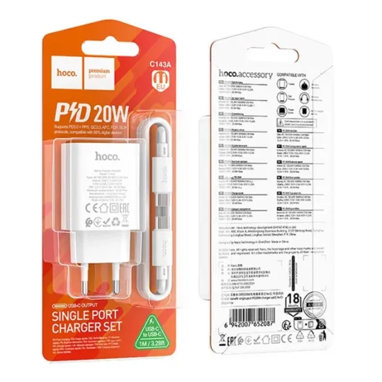 Зарядка 220V HOCO C143A 20W 1xType-C + C-C Cable White