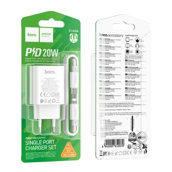 Зарядка 220V HOCO C143A 20W 1xType-C + C-iP Cable White