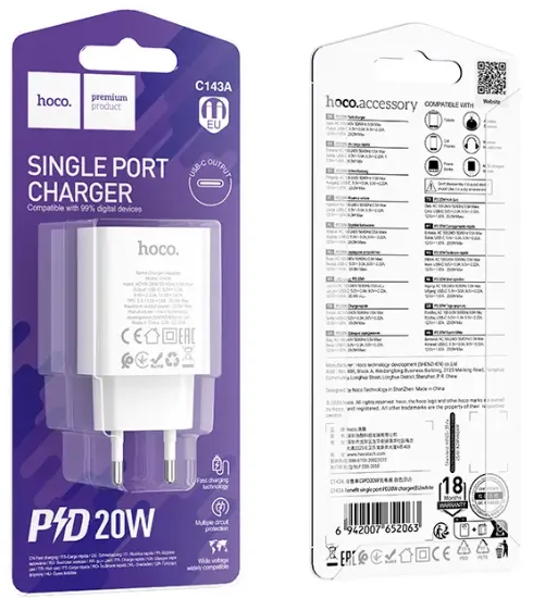 Зарядка 220V HOCO C143A 20W 1xType-C White