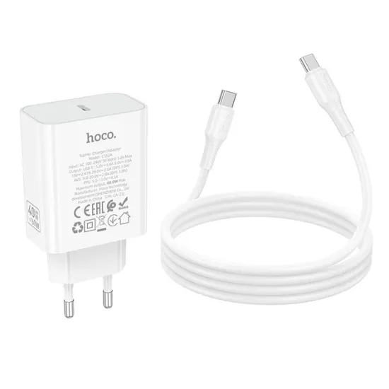 Зарядка 220V HOCO C162A PD40W 1USB-C + Cable Type-C to Type-C White