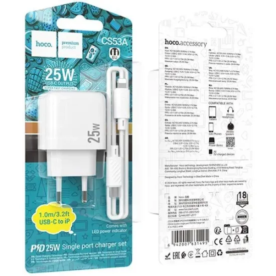 Зарядка 220V HOCO CS53A 25W/1xType-C + C-L Cable White