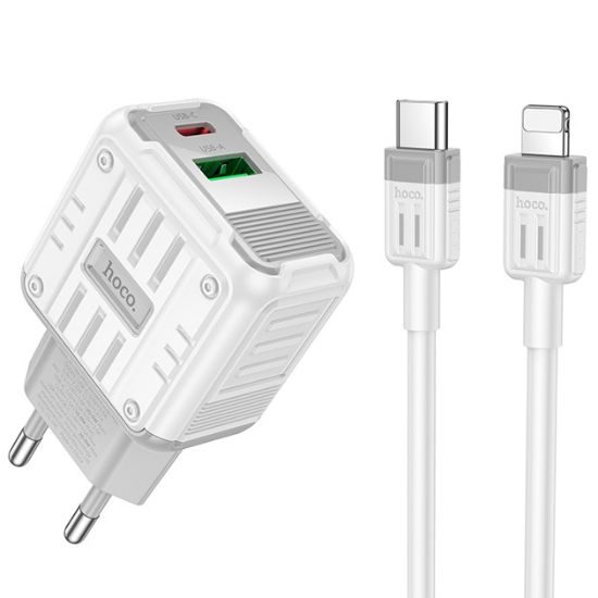 Зарядка 220V HOCO C135A PD20W/QC3.0/1xUSB/1xType-C + Type-C to Lightning Cable White