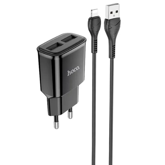 Зарядка 220V HOCO C88A 2.4A 2USB + Lightning Cable Black