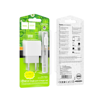 Зарядка 220V HOCO CS12A 18W/QC3.0/1xUSB + Type-C Cable White