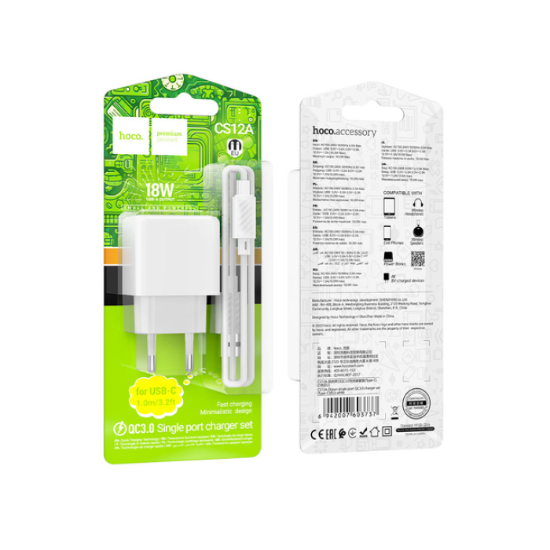 Зарядка 220V HOCO CS12A 18W/QC3.0/1xUSB + Type-C Cable White
