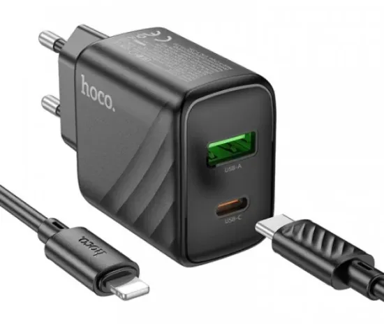 Зарядка 220V HOCO CS23A 30W/PD30W/QC3.0/1xUSB/1xType-C + C-L Cable Black