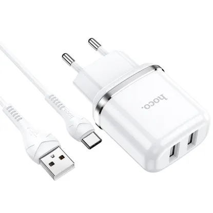 Зарядка 220V HOCO N4 2.4A 2USB + Type-C Cable White