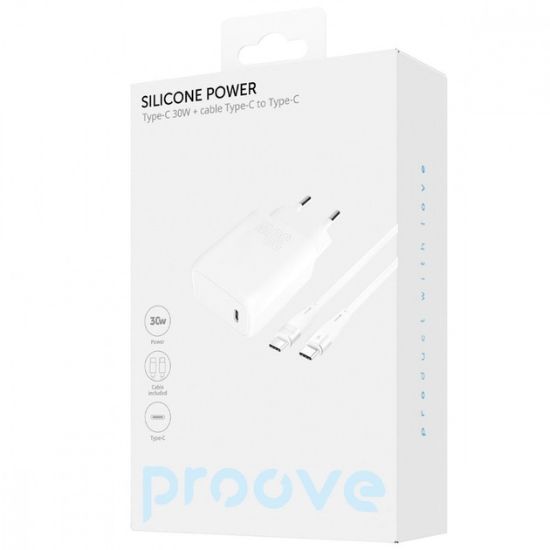 Зарядка 220V Proove Silicone Power Type-C 30W + Type-C - Type-C Cable White