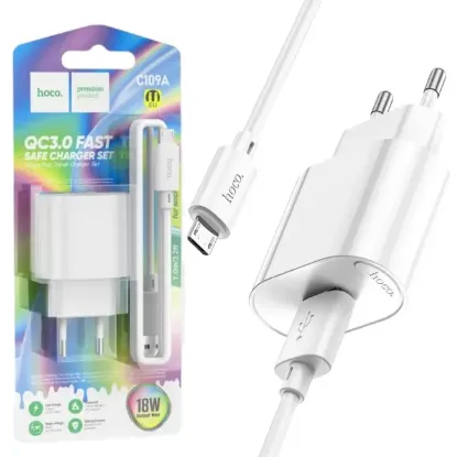  Зображення Зарядка 220V HOCO C109A 18W 1xUSB QC3.0 + Type-C Cable White 