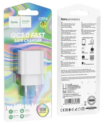  Зображення Зарядка 220V HOCO C109A 18W 1xUSB QC3.0 White 