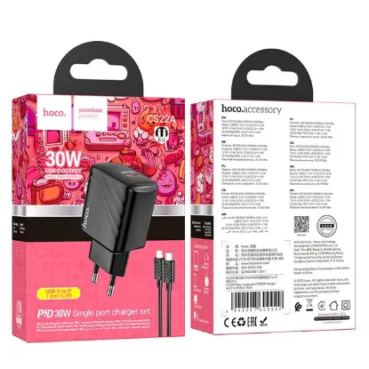  Зображення Зарядка 220V HOCO CS22A PD30W/1xType-C + Type-C to Lightning Cable Black 