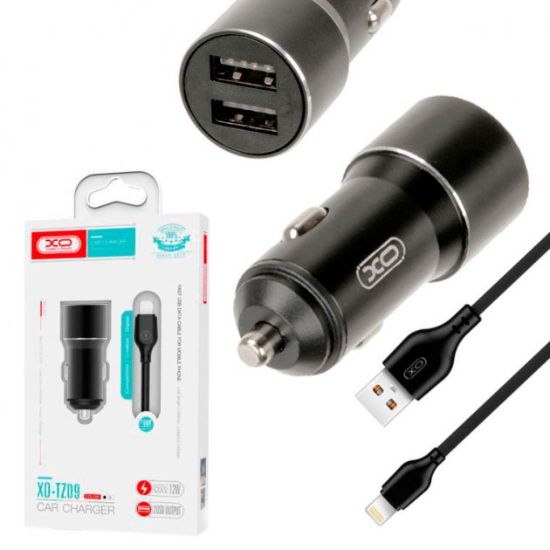 Зарядка 12V XO TZ09 2.4A 12W 1.0m 2USB + Lightning Cable Black