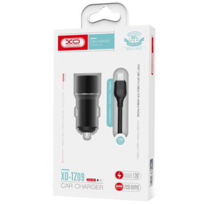 Зарядка 12V XO TZ09 2.4A 12W 1.0m 2USB + microUSB Cable Grey