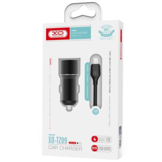 Зарядка 12V XO TZ09 2.4A 12W 1.0m 2USB + microUSB Cable Grey
