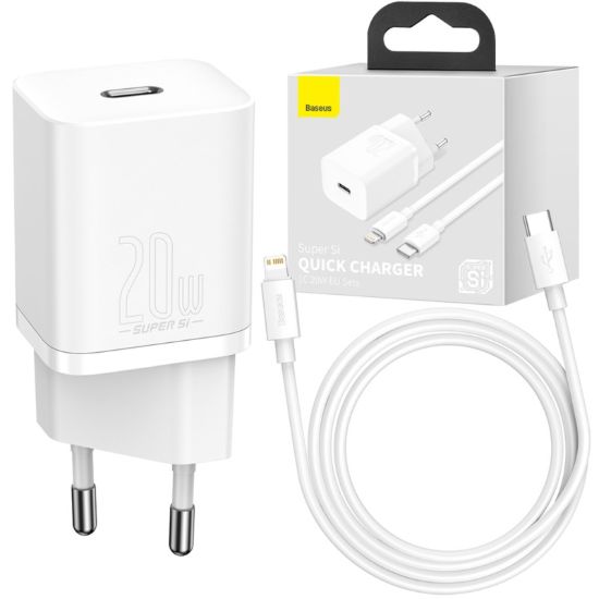Зарядка 220V Baseus Super Si Quick Charger 1C 20W EU + Type-C - Lightning Cable White