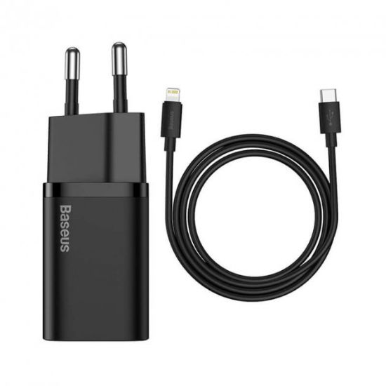 Зарядка 220V Baseus Super Si Quick Charger 1C 25W EU + Type-C - Type-C Cable Black