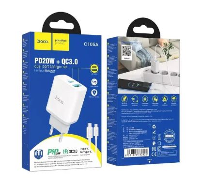 Зарядка 220V HOCO C105A PD20W/QC3.0/1xUSB/1xType-C + C-C Cable White