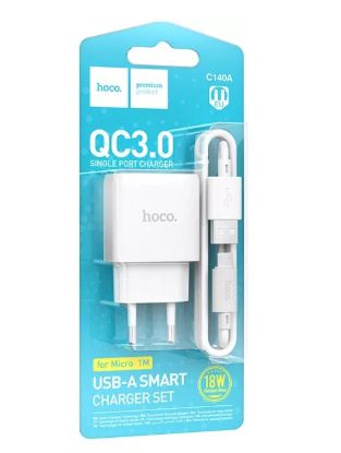 Зарядка 220V HOCO C140A 18W/QC3.0/1xUSB + microUSB Cable White