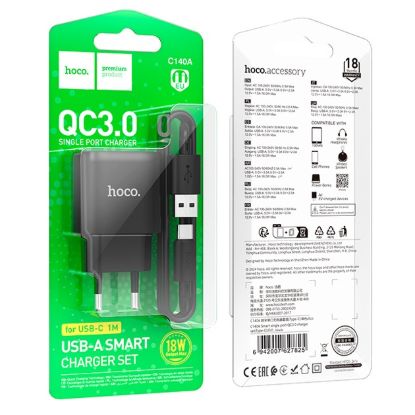 Зарядка 220V HOCO C140A 18W/QC3.0/1xUSB + Type-C Cable Black