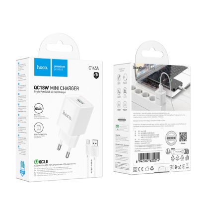 Зарядка 220V HOCO C145A 18W 1USB QC +USB to Micro White