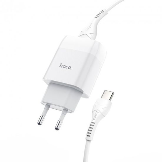 Зарядка 220V HOCO C73A 2.4A 2xUSB + Type-C Cable White