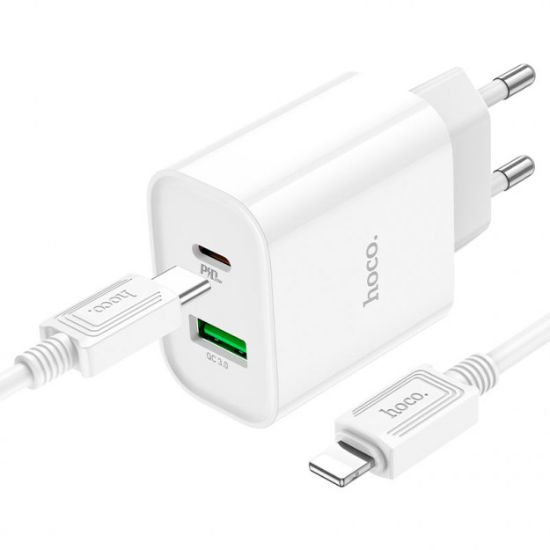 Зарядка 220V HOCO C80A Plus PD20W/QC3.0/1xUSB/1xType-C + Type-C to Lightning White