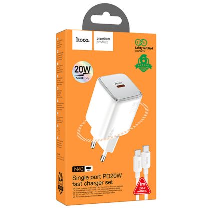 Зарядка 220V HOCO N40 PD20W/1xType-C + Type-C to Type-C Cable White