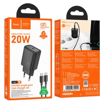 Зарядка 220V HOCO N60 PD20W/1xType-C + Type-C to Type-C Cable Black