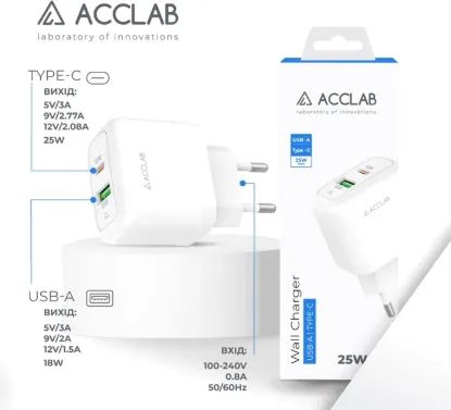 Зарядка 220V ACCLAB AL-TC252 USB-C PD+USB-A QC3.0 25W White