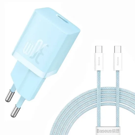 Зарядка 220V Baseus GaN5 Fast Charger (mini) 1C 30W EU + C - C Cable Blue