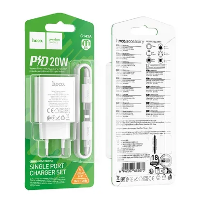 Зарядка 220V HOCO C143A 20W 1xType-C + C-iP Cable White