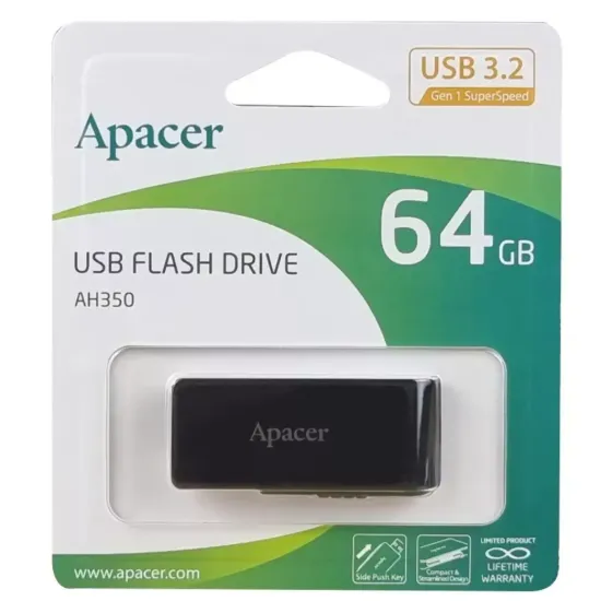 USB накопичувачі Apacer 64Gb USB 3.0 AH350 Black