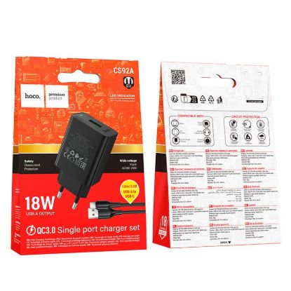 Зарядка 220V HOCO CS92A 18W 1xUSB + Type-C Cable Black
