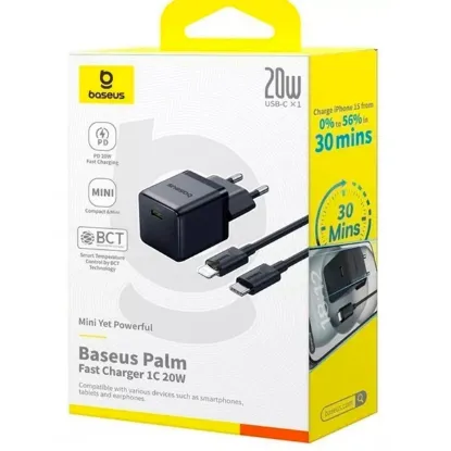 Зарядка 220V Baseus Palm Fast Charger 1C 20W EU + Type-C - Lightning Cable Black