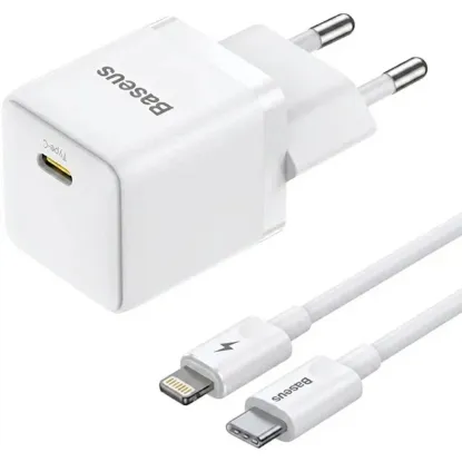 Зарядка 220V Baseus Palm Fast Charger 1C 20W EU + Type-C - Lightning Cable White