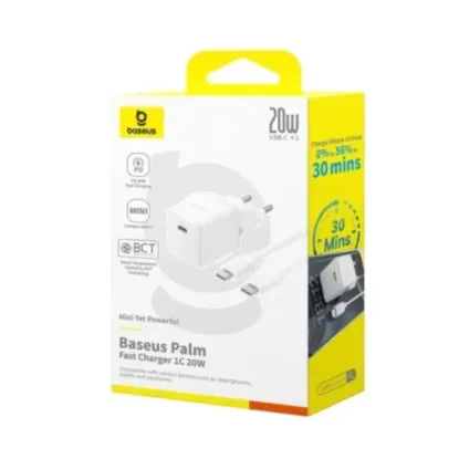 Зарядка 220V Baseus Palm Fast Charger 1C 20W EU + Type-C - Lightning Cable White