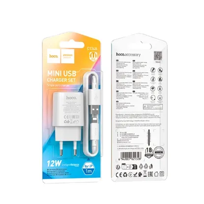 Зарядка 220V HOCO C134A 12W/1xUSB + Lightning Cable White